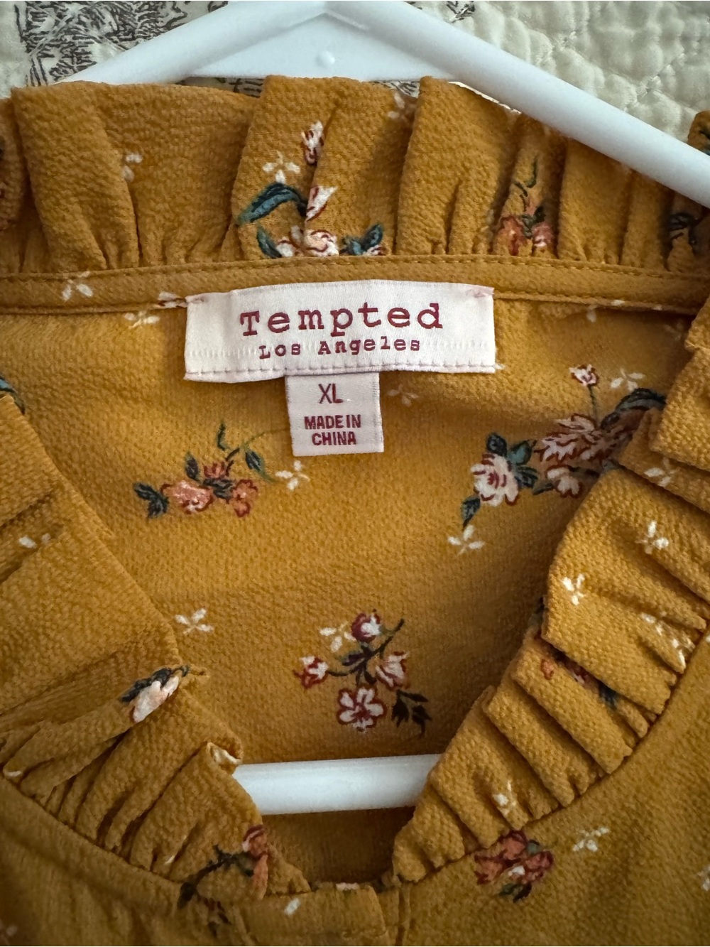 Tempted Mustard Floral Ruffle Button-Front Blouse - Picture 3 of 4